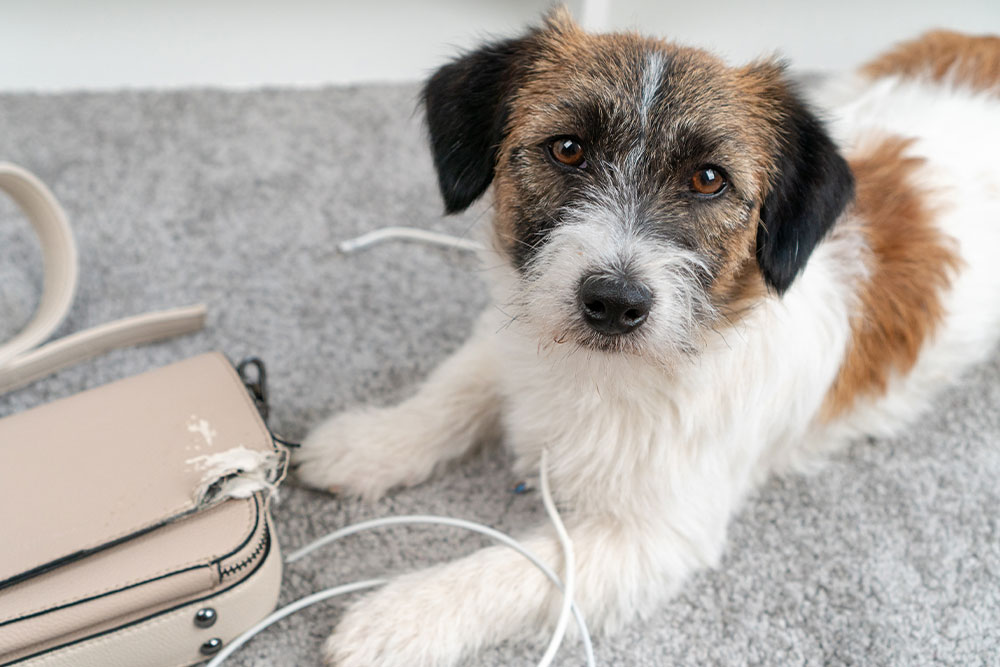 A small scruffy dog lying on a gray rug next to a chewed leather purse and white charging cable.